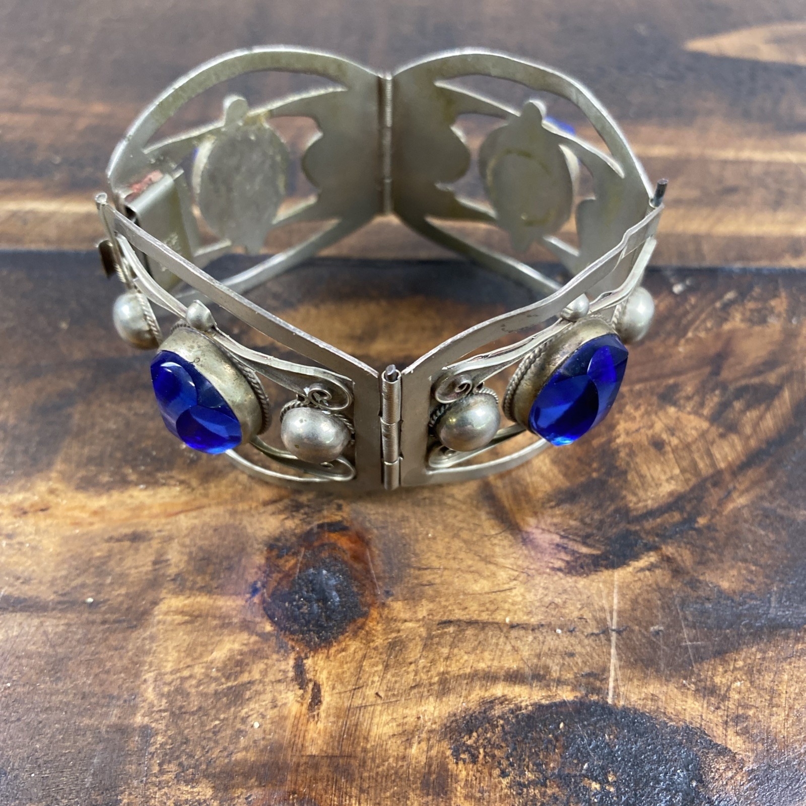 Vintage Mexico Wide Silver Sterling Bracelet Blue Engraved Stones .925